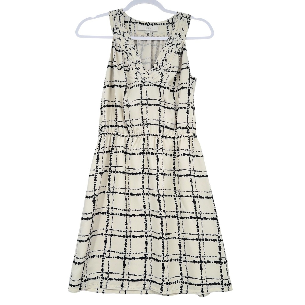 LOFT Abstract Grid Sleeveless Fit & Flare Dress Women Size 0 Cream Black